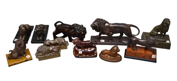 Collection of Assorted Lions, Bronze, Metal, Pottery and Ceramic, Including 2 Pairs of Bookends, 5"h