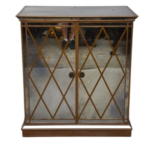 Mirrored 2 door cabinet with gold geometric accent on wheels, 40"h x 23" x 36"