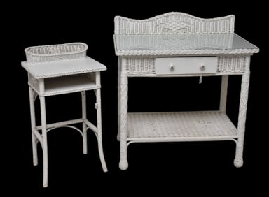2 Vintage wicker pieces - console with center drawer, lower shelf and glass top Sold with small