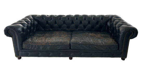 Restoration Hardware Leather Sofa, Kensington Design, Upholstered in Vintage Ebony Italian Leather