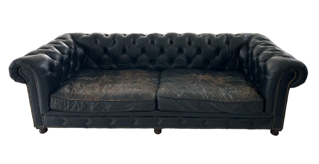 Restoration Hardware Leather Sofa, Kensington Design, Upholstered in Vintage Ebony Italian Leather (1 of 1)