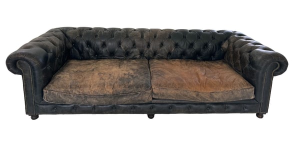Restoration Hardware Leather Sofa, Kensington Design, Upholstered in Vintage Ebony Italian Leather