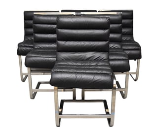 6 Restoration Hardware Oviedo Leather Dining Side Chairs, Polished Stainless Steel and Upholstered