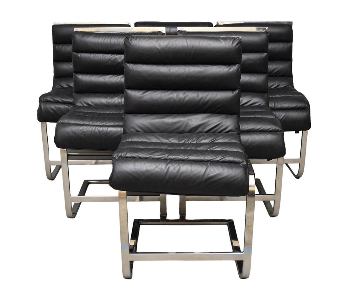 6 Restoration Hardware Oviedo Leather Dining Side Chairs, Polished Stainless Steel and Upholstered (1 of 8)