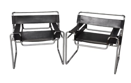 Pair Modern Wassily Chairs, Chrome Frame with Black Leather Straps,  30 1/2"w x 26"d x 28"h