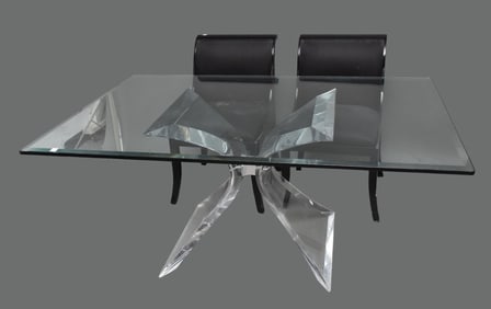Lion in Frost Lucite Base & Glass Top Dining Table with 4 Chairs, 56"h x 44"d