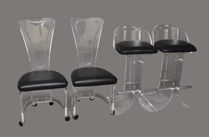4 Lucite Chairs by Hill manufacturing Pair Swivel Barstools and Pair Side Chairs on Castors