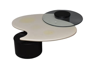 Modern Designer Rougier, unique coffee table finished in pearlized white lacquer and black column