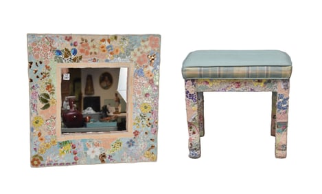 Ladies Vanity Bench with Hand Done Mosaic Sold With Square Mirror, Made in Canada, 22"h x 23"w (worn