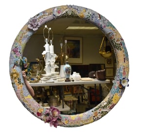 Round Handmade Mosaic Frame Mirror with 4 Applied Chinaware Flowers, Made in Canada, 35"dia with 3"