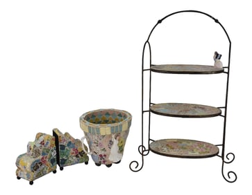 3 pcs. Handmade Mosaics, 3 Tier Oval Stand with Metal Frame, Flower Pot and Pair Bookends