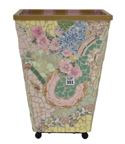 Mosaic wastebasket, 14"h x 9"w