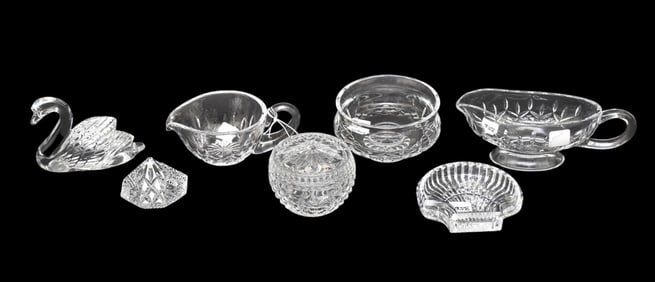 7 Pcs. Assorted  Waterford Crystal Pcs, Diamond Shape Paperweight, 2 Gravy Dishes (3"h x 9"w