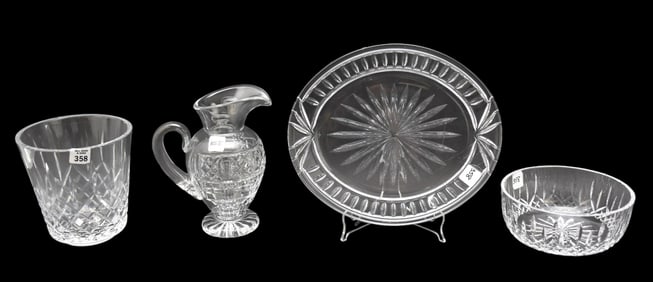 4 Pcs. Waterford Crystal Pitcher (9 1/4"h), Vase (7 1/4"h x 6 1/2"dia), Bowl (3 1/2"h x 8"dia) and