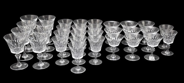 32 Baccarat Crystal Glasses, 4 Asst. Sizes, 6 1/2"h largest (some rim nicks)