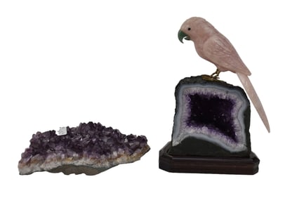 Carved Rose Quartz Parrot on Amethyst & Display Specimen - A carved figure of a bird made of rose