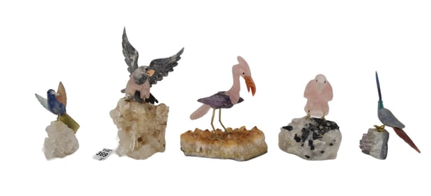 Group of Five Carved Stone Birds on Crystal Sculptures - A grouping of five sculptures, each with a
