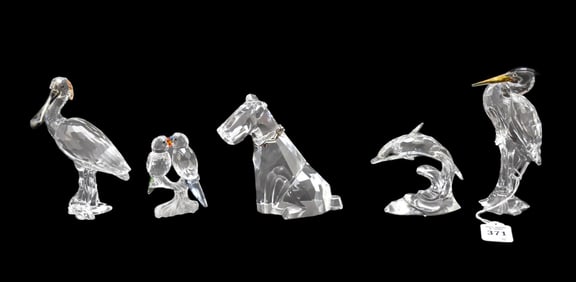 Group of Five Swarovski Crystal Figurines, Birds, Dolphin & Dog - Grouping includes: A) "Spoonbill",