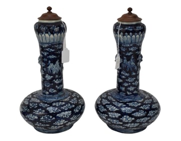 Pair Chinese Blue & White Garlic-Mouth Vases - A pair of porcelain Suantouping "Garlic-Mouth" vases.