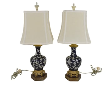 Pair Cloisonne Vases Mounted As Lamps - A pair of blue & white Chinese cloisonne vases mounted as