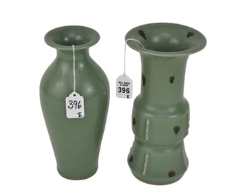 Two Chinese Celadon Glazed Porcelain Vases - Comprising: A) "Gu" flaring beaker vase with matte