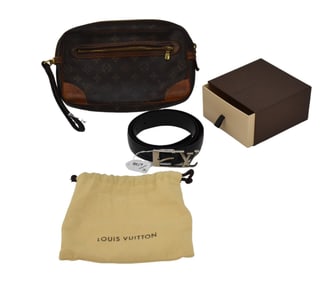 Louis Vuitton Vintage Clutch & Men's Black Leather Belt (Original Box)