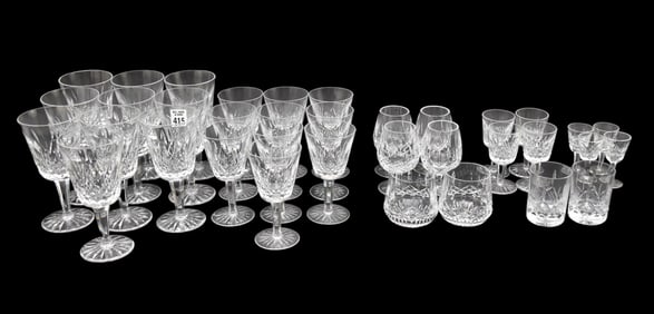 Waterford Crystal Glasses & Stems, Lismore Pattern, Assorted Sizes, 32 Pcs.