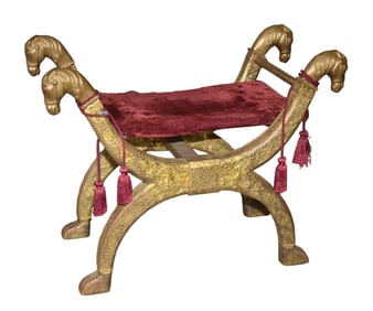 Curule form bench, brass hammered design, 4 horse head hand rests 21"h x 27"w x 14"d