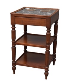 Fruitwood 19th c stand, marble top with 2 copper inserts, single drawer over 2 shelves. 26 1/2"h x