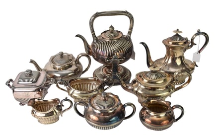 9pc. Victorian Silverplate Tea Service, Assorted Makers, including 1 Tiffany Sugar Bowl