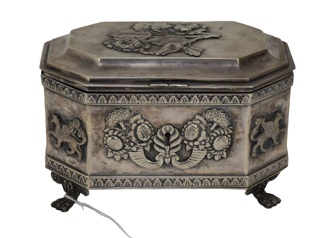 Antique Silver Jewelry Casket - A silver jewelry box, hinged lid, mounted adornments including (1 of 5)