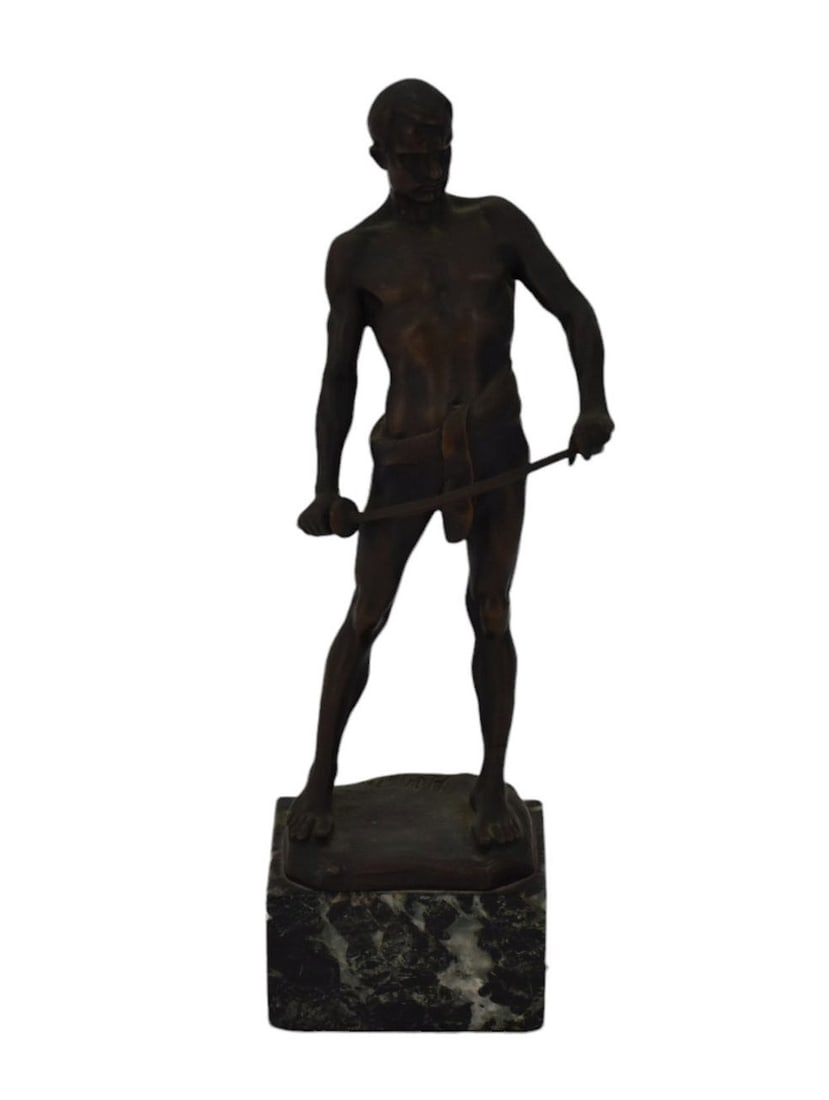 Bronze Sculpture of Male with Sword on Marble Base, Signed H. Mueller, 9"h x 2 1/2"square (ankle (1 of 6)