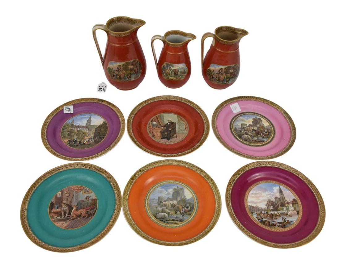 9 Pcs. Unsigned Pratt Ware, 19th c, 3 Graduated Pitchers (tallest 8"h) AND 6 Assorted Plates Colors (1 of 10)