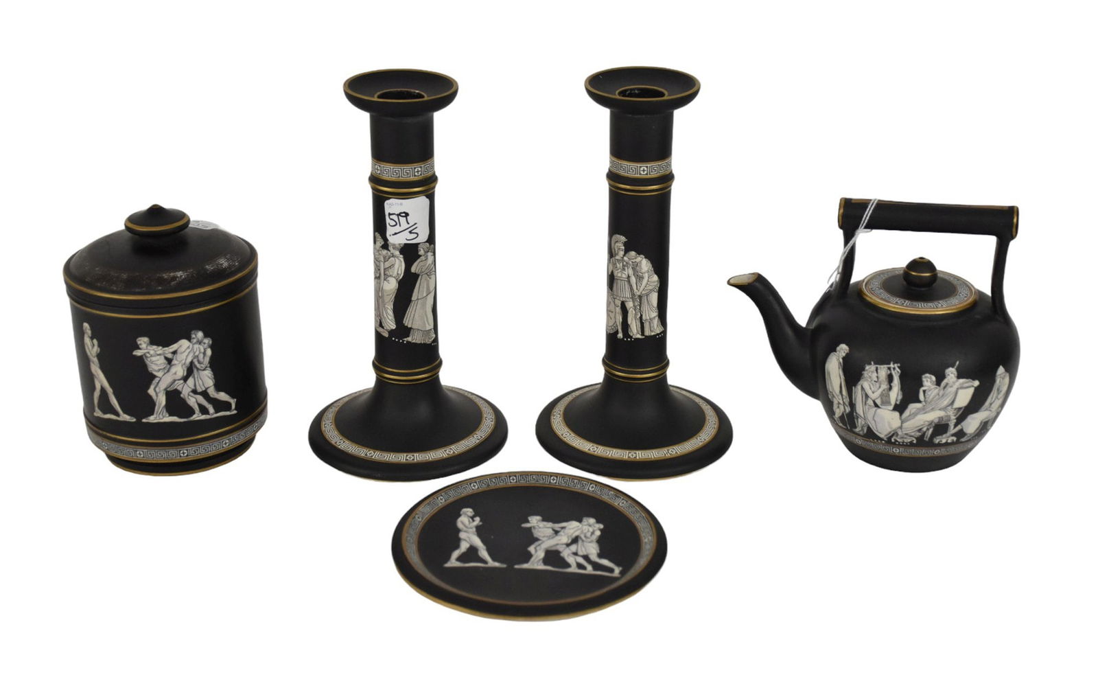 5 Pcs. Black Pratt Ware/Fenton, 19th c, Marked "Old Creek", Pair Candlesticks, Covered Jar, Teapot: 5 Pcs. Black Pratt Ware/Fenton, 19th c, Marked "Old Creek", Pair Candlesticks, Covered Jar, Teapot and Trivet