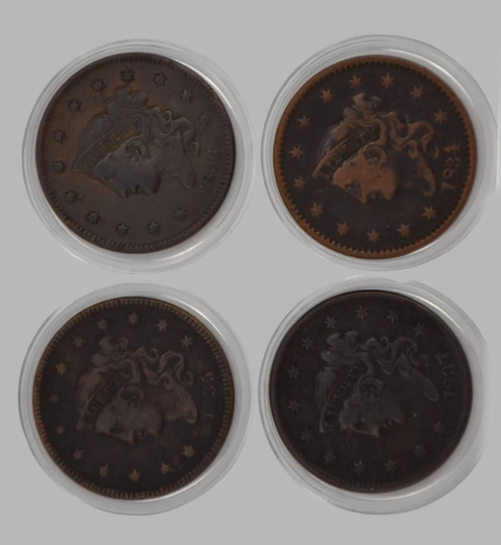 Coins 4 Coronet Liberty Head Large Cent 1834, 1835, 1836 & 1837 circulated (1 of 2)