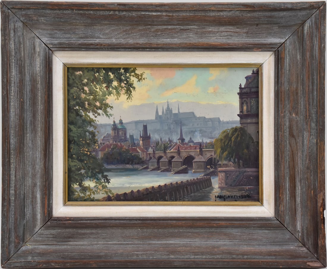 Vintage Czech school Jaroslav Setelik, View of the Old Town Prague, oil on board, signed illegibly (1 of 4)