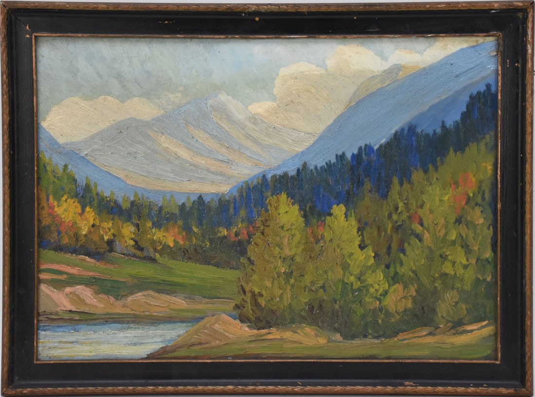 Vintage Western Mountain Scene,  oil on board , Style of Berger Sandzen.  Painting size 14 x 20 (1 of 4)
