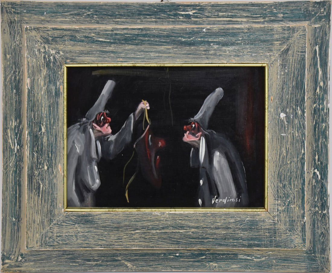 Umberto Verdirosi (Italy Born 1936) oil on Masonite board, The Mask, 7 x 9-1/2 inches. Overall: Umberto Verdirosi (Italy Born 1936) oil on Masonite board, The Mask, 7 x 9-1/2 inches. Overall framed size 12-1/4 x 15-5/8 inches.