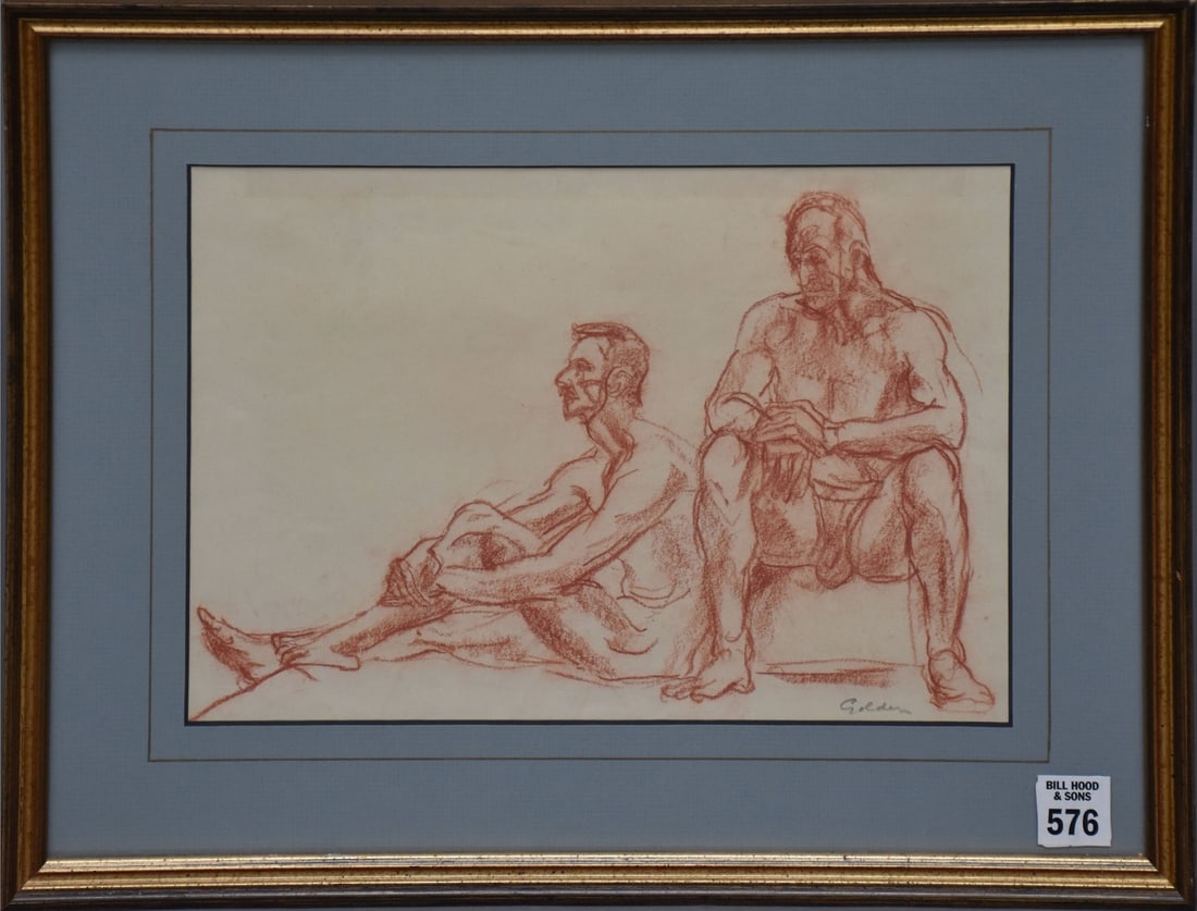 Grace Golden sanguine drawing of two men, sight size 8 x 11 5/8“ overall frame size 13 x 16 5/8“ (1 of 4)