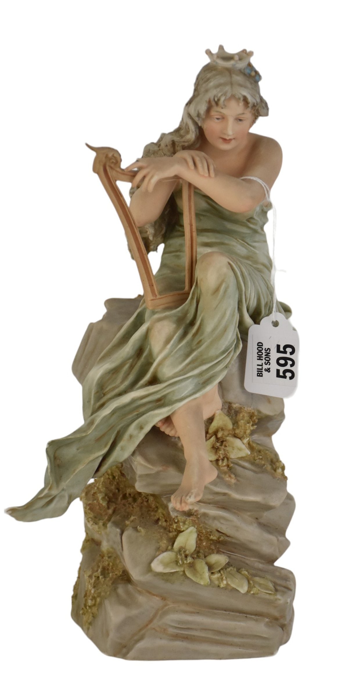 Royal Dux Bisque Female Figure on Rocks with Harp, 12"h: Royal Dux Bisque Female Figure on Rocks with Harp, 12"h