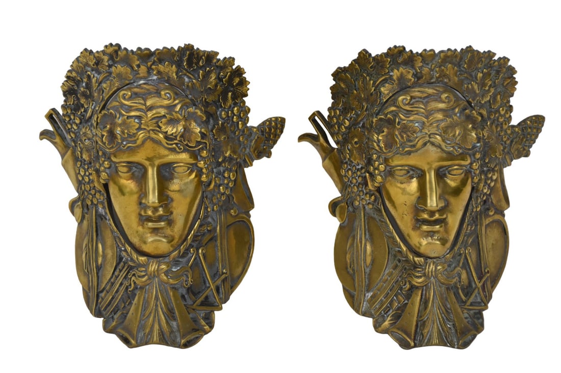 Pair Heavy Bronze Architectural Masks, Used At Corners of Billiard Table, 8"h (1 of 4)