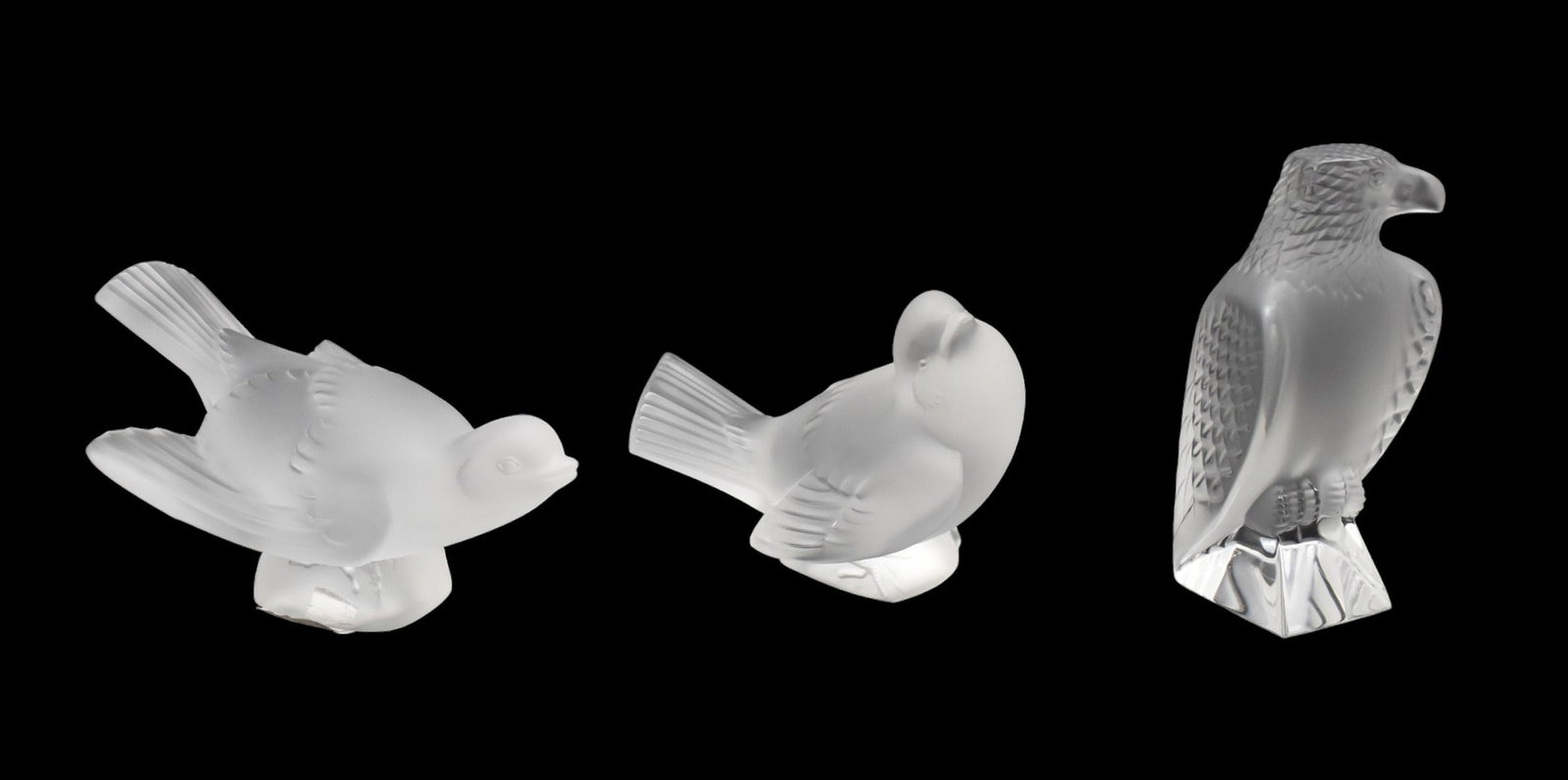 3 Lalique Crystal frosted crystal birds, 5 inches smallest, 4"h: 3 Lalique Crystal frosted crystal birds, 5 inches smallest, 4"h