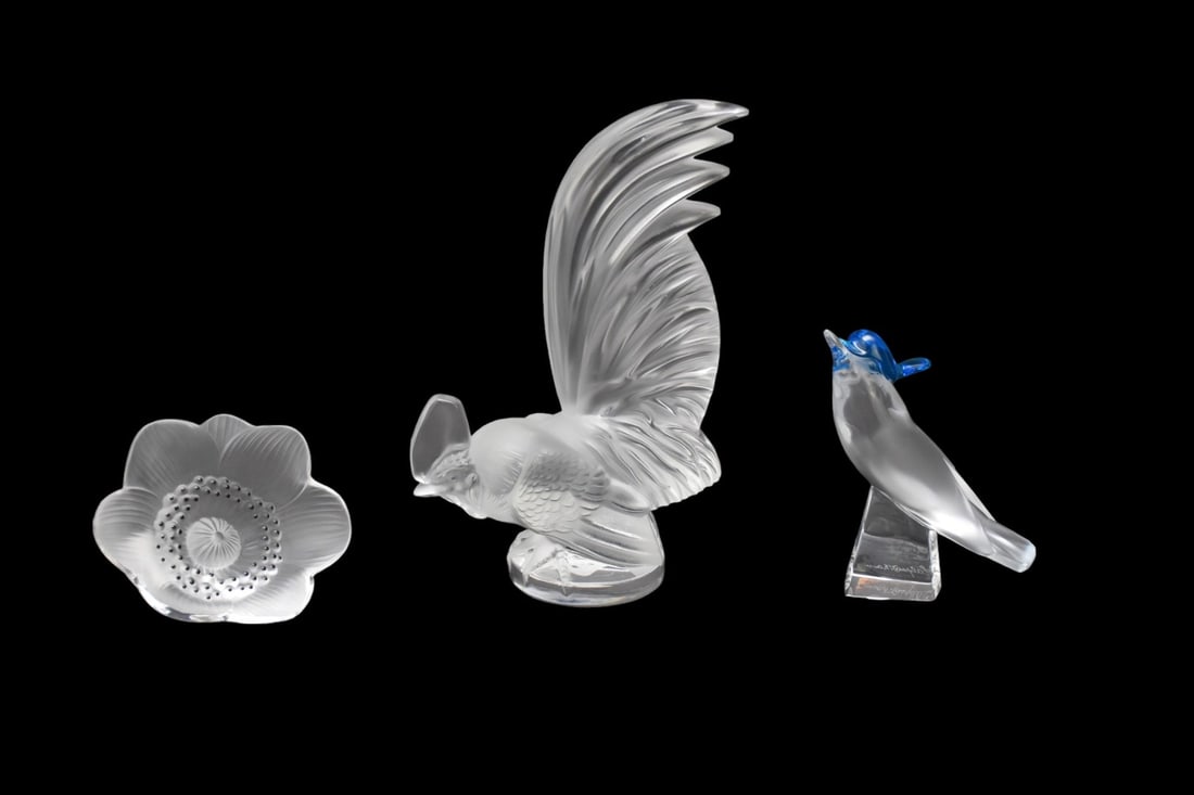3 Lalique sculptures, rooster, bird with blue colored glass, and  flower (8"h) (1 of 5)