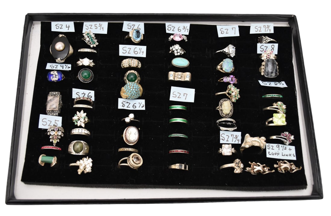 Bot Lot of 49 Sterling Rings, Onyx, Pearl, Enamel, Marcasite, Crystal, Malachite, Turquoise, Topaz, (1 of 8)