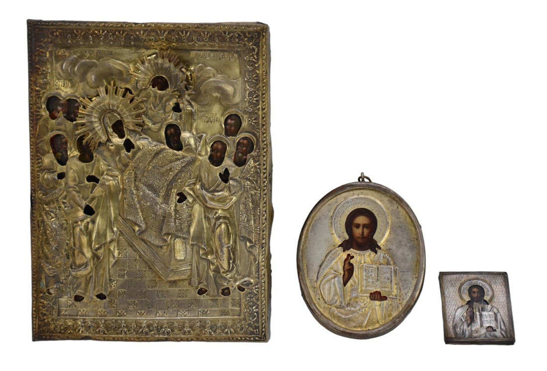Three of Antique Russian Silver Overlay Icons - A group of three antique Russian Orthodox icons, (1 of 5)