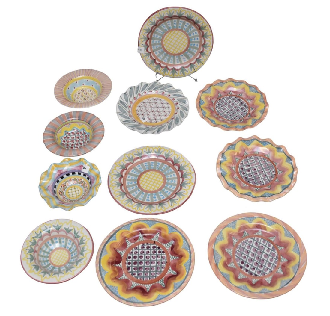 7 Mackenzie Childs Assorted Dinner Plates (11"dia) and 4 Bowls (1 of 4)