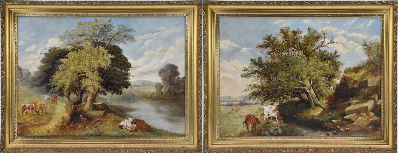 Pair of landscapes with cows, oil on board, unsigned, 16" x 22" board, 19 3/4" x 25 1/2" overall (1 of 11)