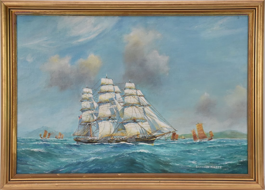 Lourence Kilbee, oil on board, signed lower right and dated 1983, American ship, approx. 17" x 24": Lourence Kilbee, oil on board, signed lower right and dated 1983, American ship, approx. 17" x 24" board, 18 1/4" x 25 3/8" overall