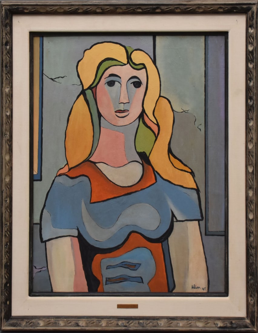 Jean Helion Modernist portrait of blonde girl, signed: Attributed to: Jean Helion (1904-1987) modernist portrait of blonde girl, signed and dated lower right 45', 30" x 25" canvas, 37" x 32" overall