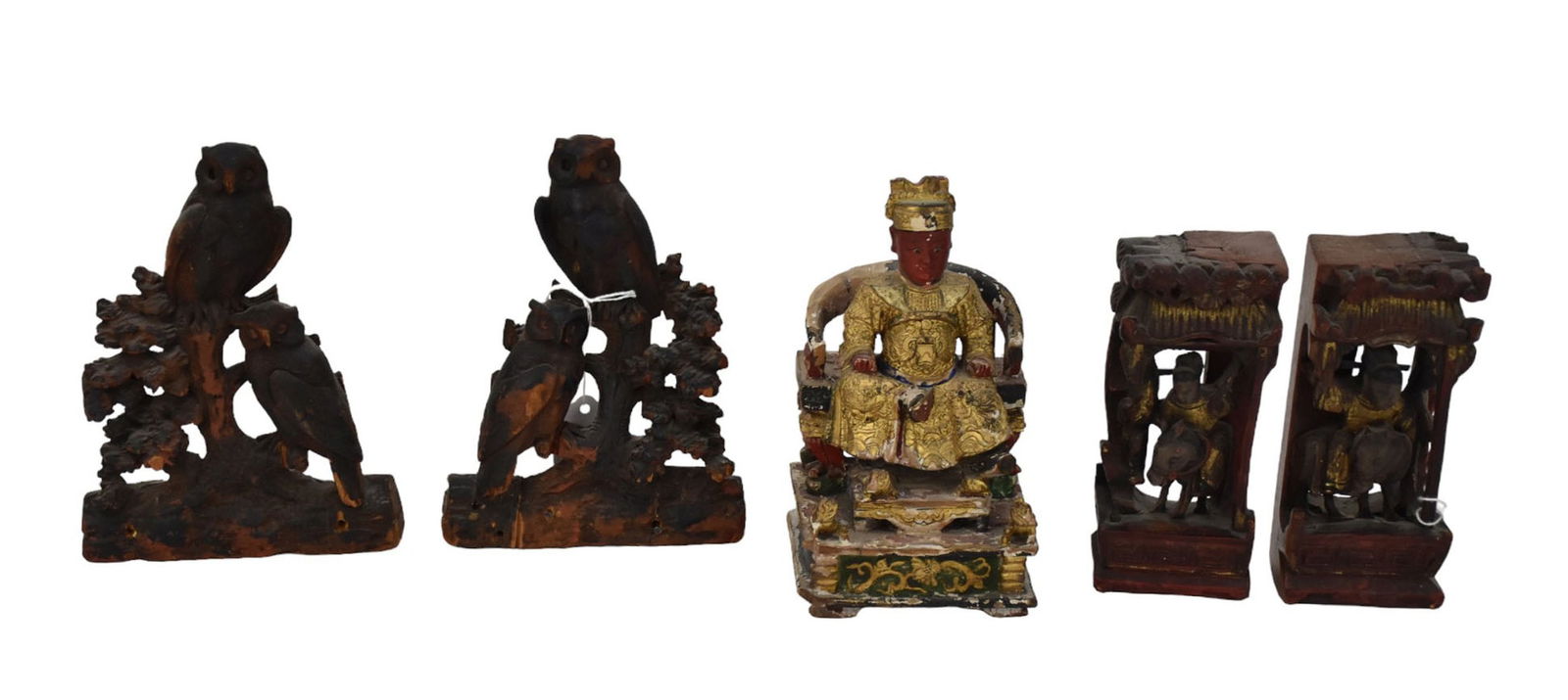 Early 19th c. Carved Asian Painted Wood Miniatures, Emperor, Owls and 2 Temple Ornamentations (1 of 6)